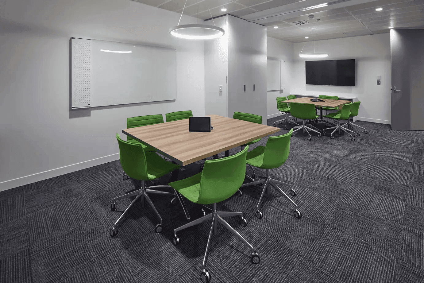 Team-based open plan office layout with grouped workstations